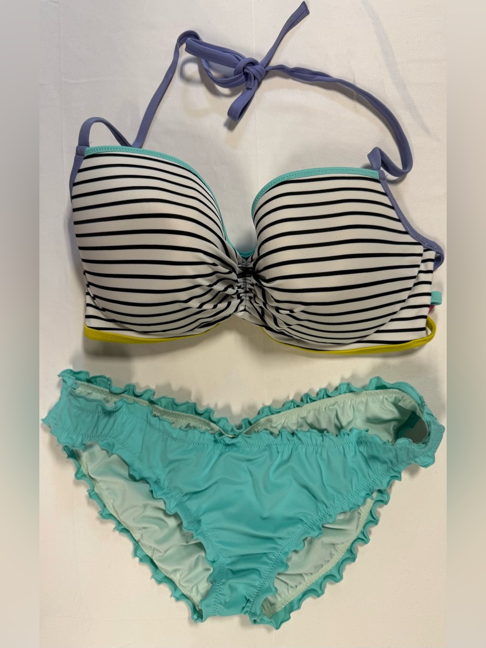 Victoria’s Secret Getaway Bikini Set 36DD L Stripe Ruffle Swim
